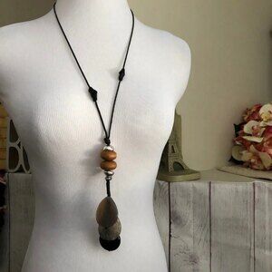 Leather Stone Teardrop Wooden Bead Dangle Pendant Necklace